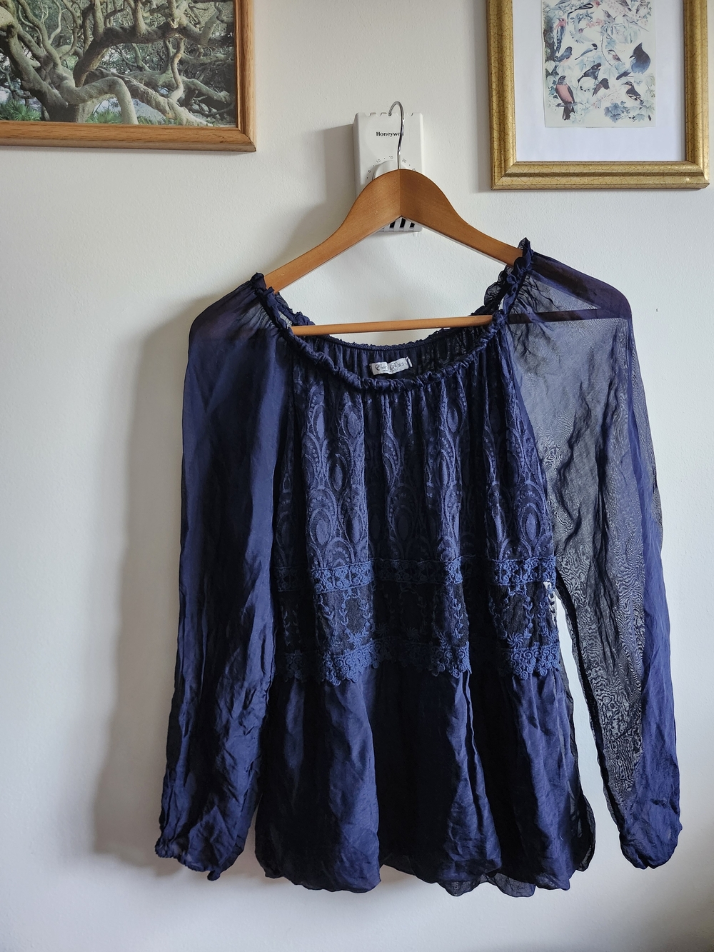 Made In Italy Silk Semi Sheer Navy Lace Peasant Blouse